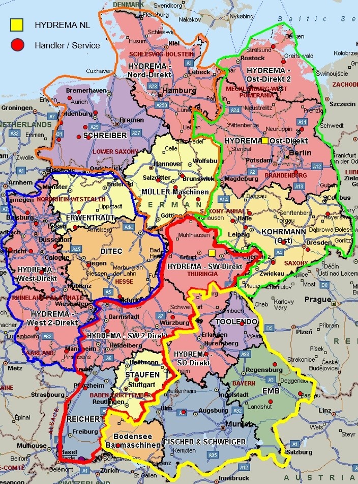 Karte der HYDREMA Vertriebs- und Servicegebiete in Deutschland